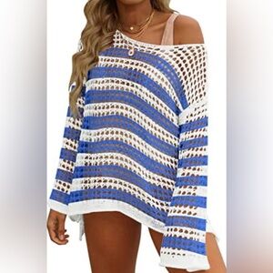 Zesica Women’s Size Medium Blue and White Striped Sweater or Swim Cover Up